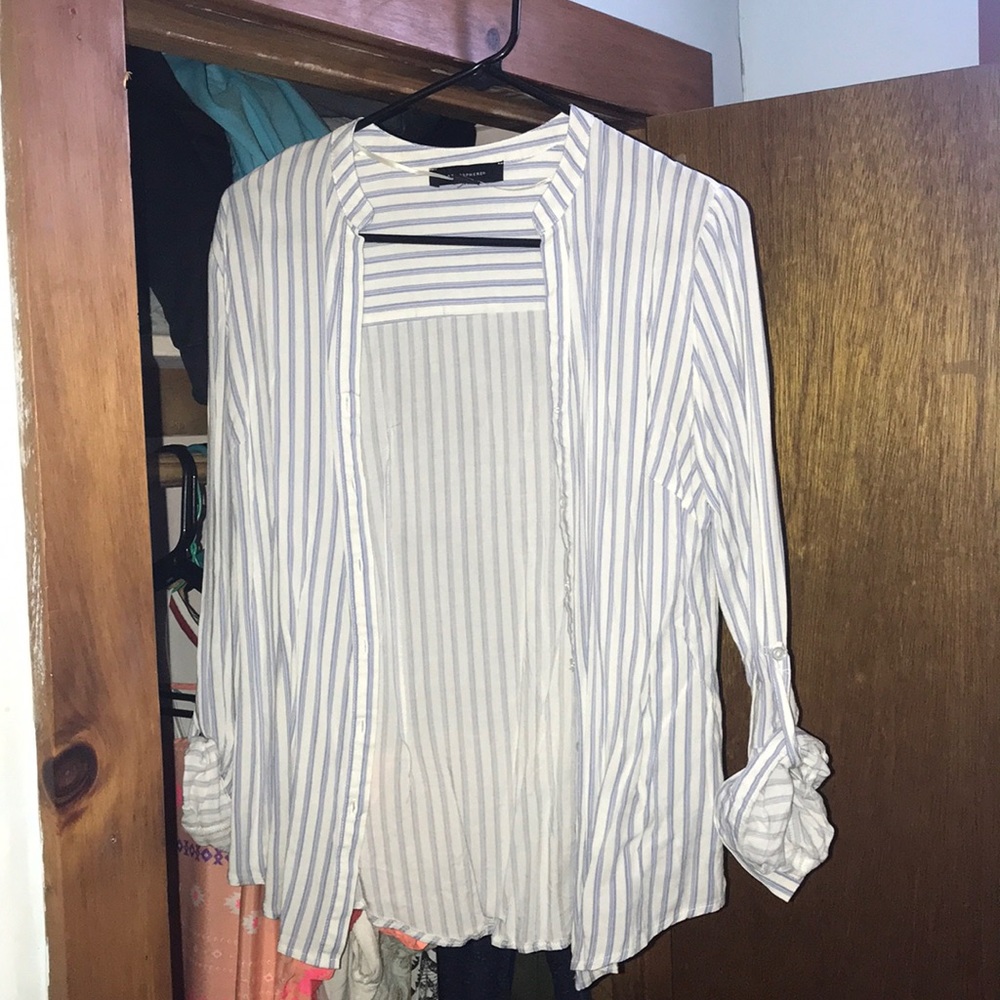White and light blue striped blouse